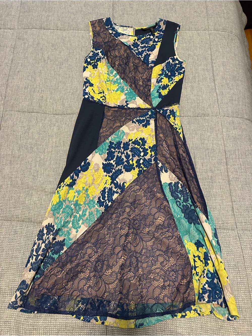 BCBGMaxAzria Navy, Yellow and Teal Lace-Panel Midi Dress